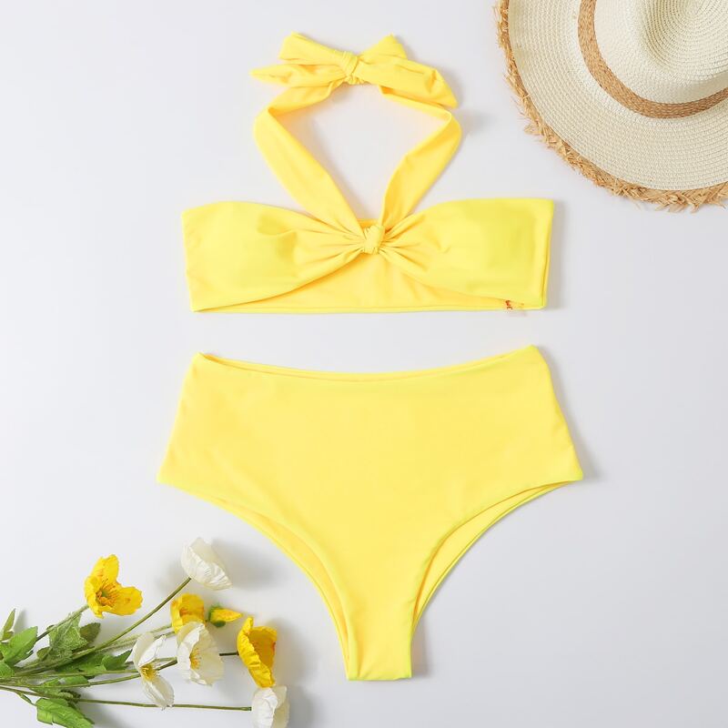 

Knot Decor Halter Bikini Swimsuit, Yellow