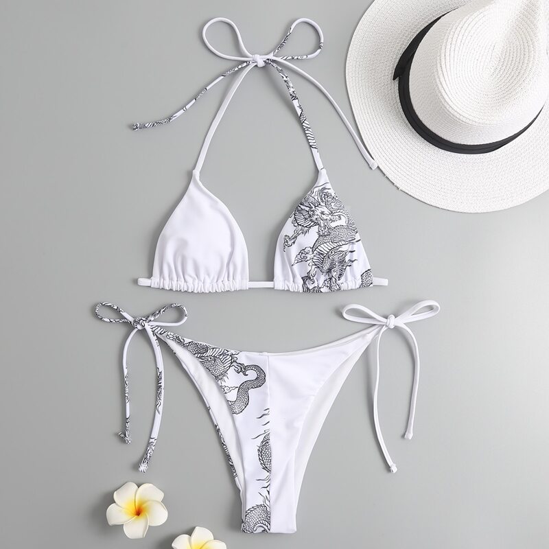 

Dragon Print Tie Side Bikini Swimsuit, Black and white