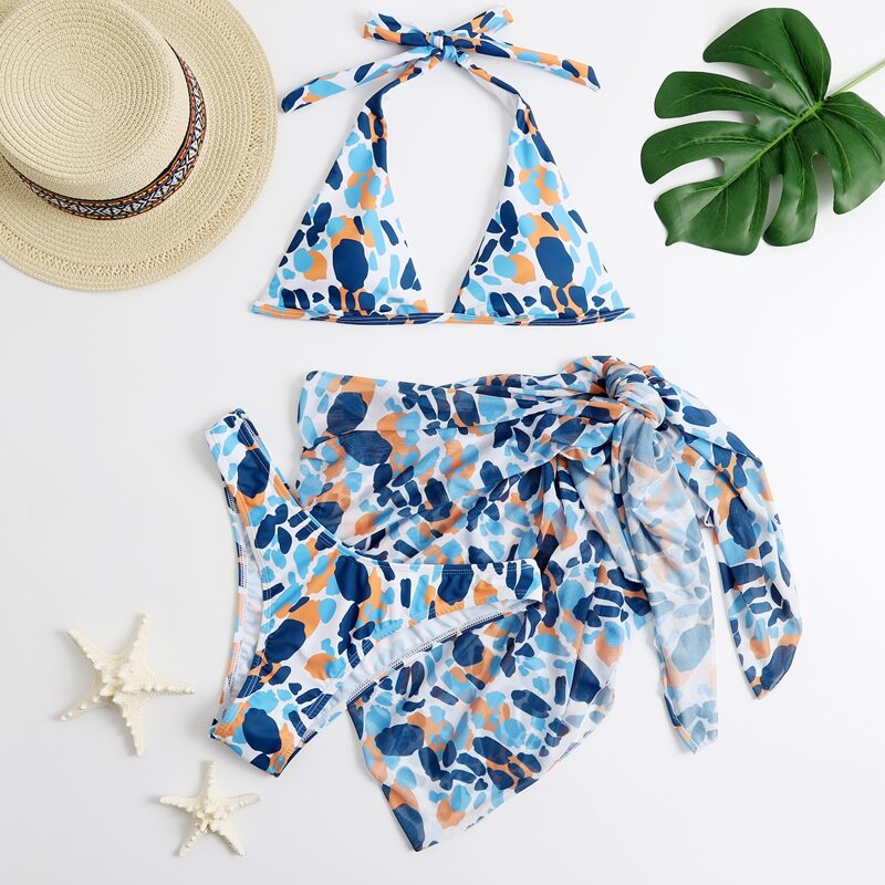 

3pack Allover Print Halter Bikini Swimsuit & Beach Skirt, Multicolor