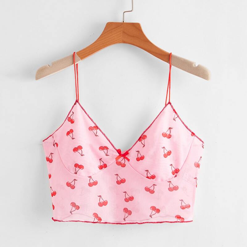 

Cherry Graphic Bow Ringer Cami, Baby pink