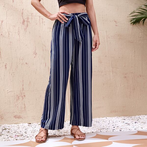 

Wide Leg Stripe Belted Pants, Blue and white