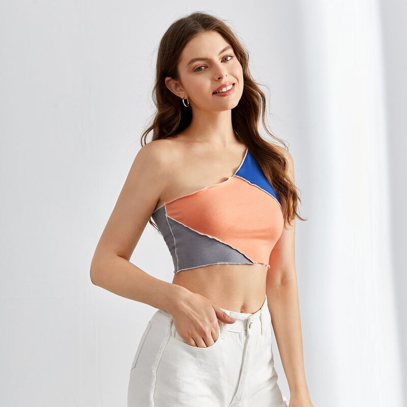 

Colorblock One Shoulder Crop Top, Multicolor