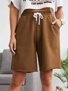 SHEIN EZwear بنطلون قصير بلون موحد برباط - قهوة بني - مشاهدة 1
