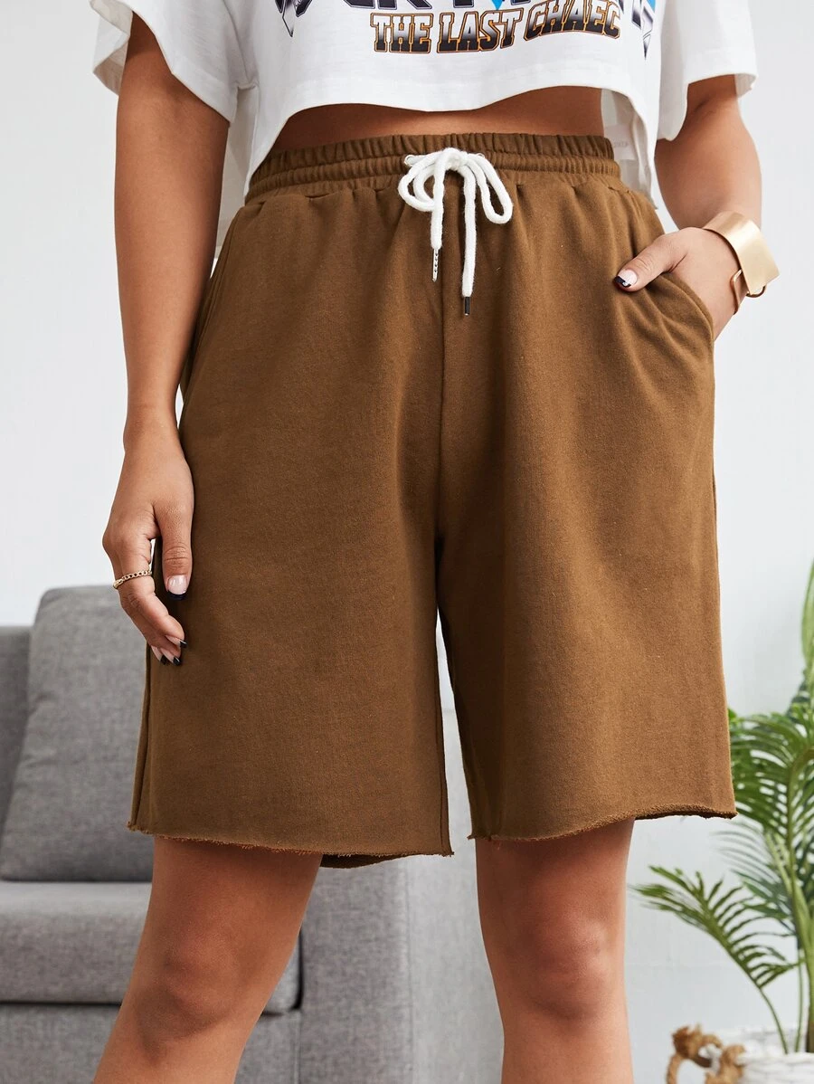 SHEIN EZwear بنطلون قصير بلون موحد برباط - قهوة بني - مشاهدة 1