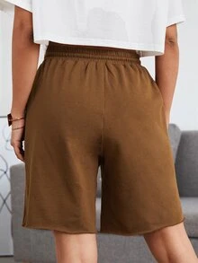 SHEIN EZwear بنطلون قصير بلون موحد برباط - قهوة بني - مشاهدة 2