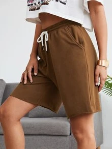 SHEIN EZwear بنطلون قصير بلون موحد برباط - قهوة بني - مشاهدة 3