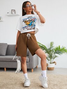 SHEIN EZwear بنطلون قصير بلون موحد برباط - قهوة بني - مشاهدة 4