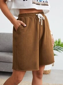 SHEIN EZwear بنطلون قصير بلون موحد برباط - قهوة بني - مشاهدة 5