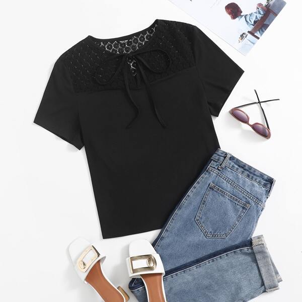 

Plus Contrast Lace Tie Neck Tee, Black