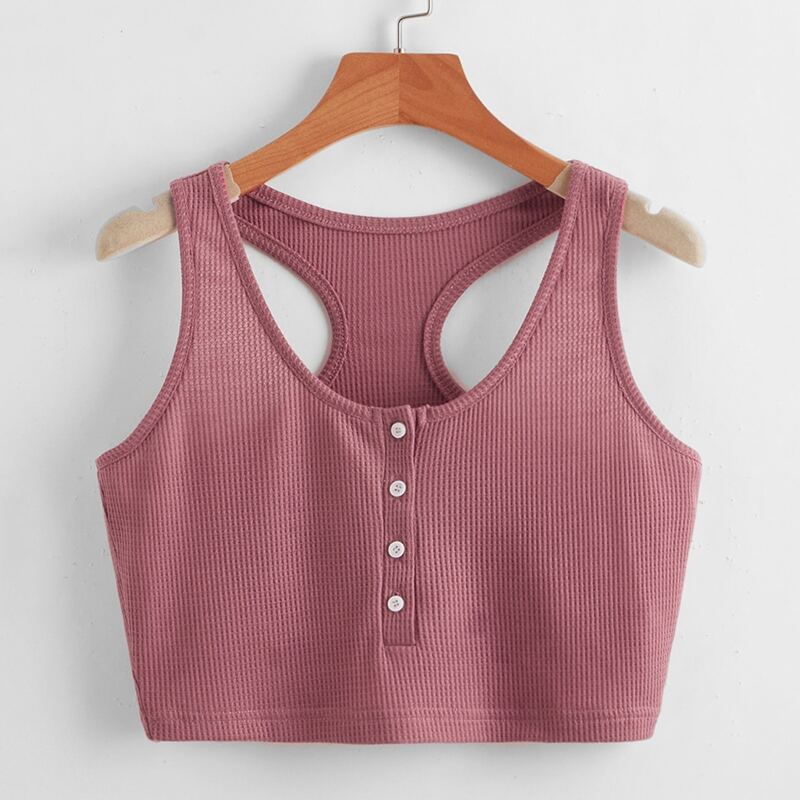 

Waffle Knit Button Tank Top, Rose red