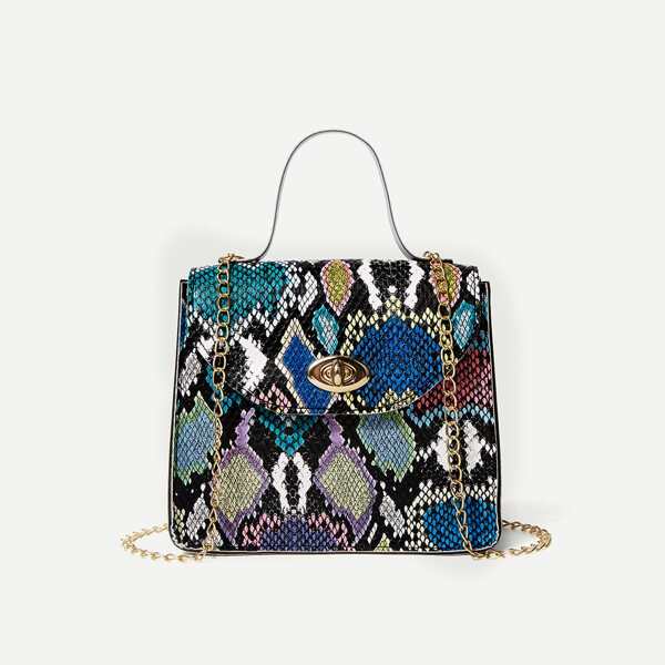 

Snakeskin Print Twist Lock Chain Bag, Multicolor