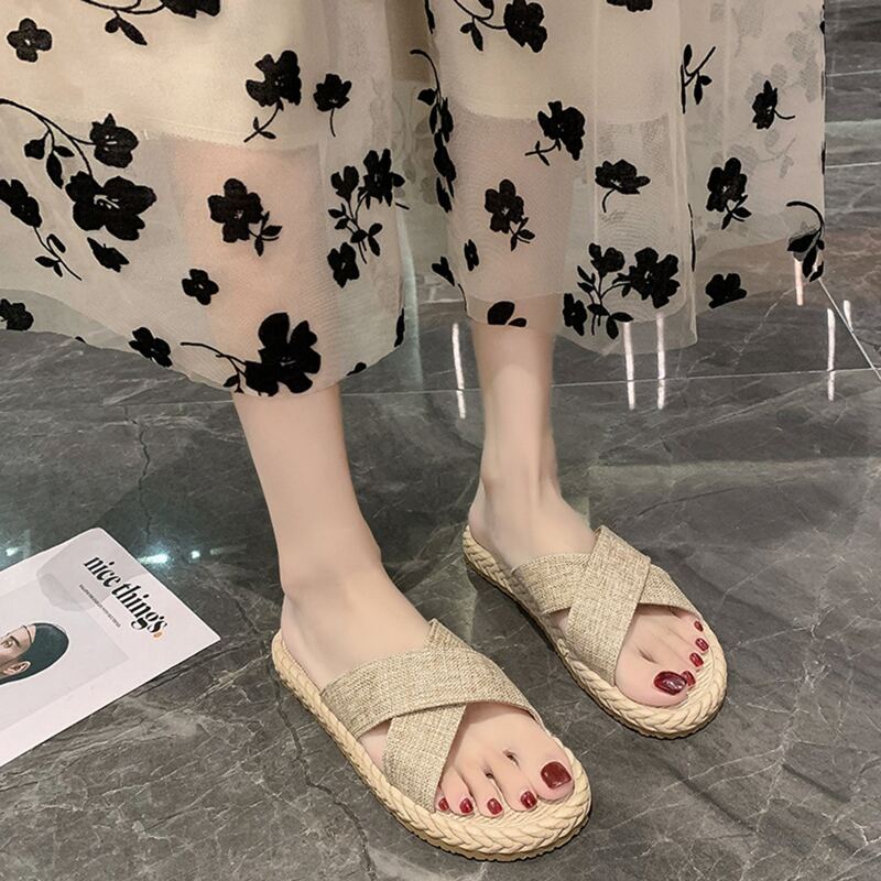 

Criss Cross Strap Slide Sandals, Beige