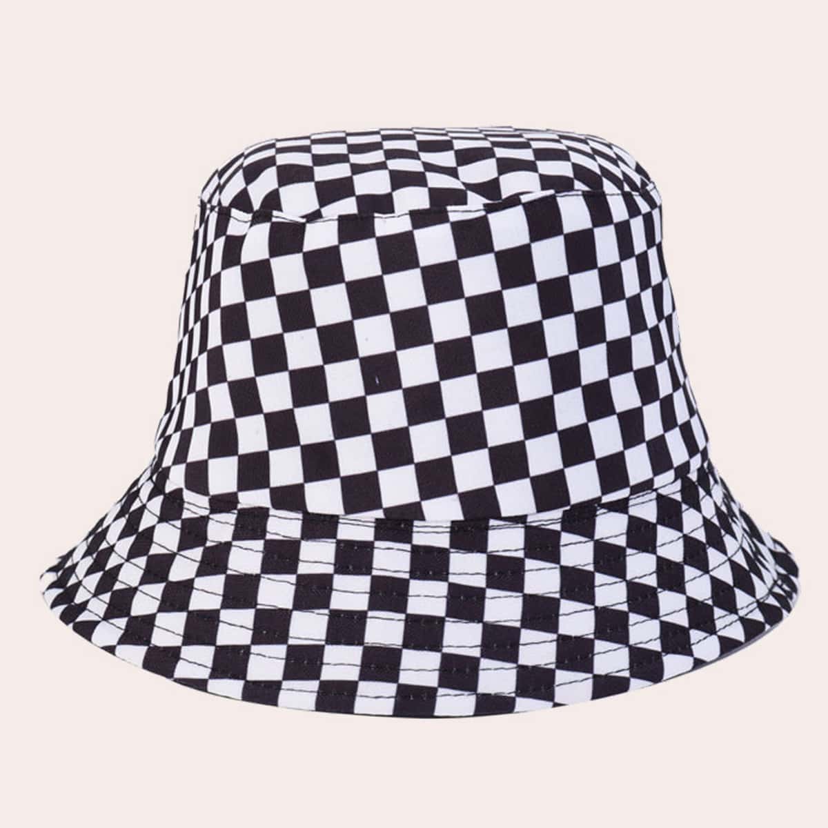 

Checkered Pattern Reversible Bucket Hat, Black and white