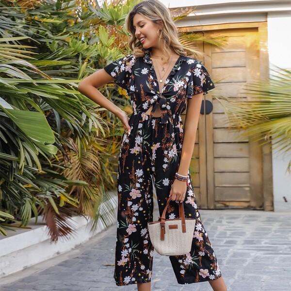 

Floral Tie Front Jumpsuit, Multicolor