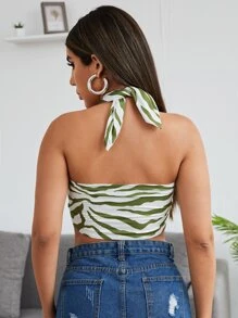 SHEIN BAE 斑馬紋條紋前扭結短版繞頸上衣 - 彩色 - 查看 2