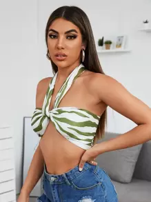 SHEIN BAE 斑馬紋條紋前扭結短版繞頸上衣 - 彩色 - 查看 3