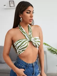 SHEIN BAE 斑馬紋條紋前扭結短版繞頸上衣 - 彩色 - 查看 4