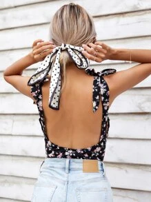 SHEIN Frenchy 花卉圖案結飾露背連體衣