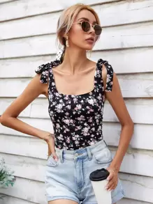 SHEIN Frenchy 花卉圖案結飾露背連體衣