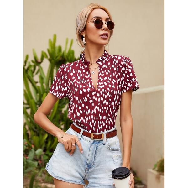 

All Over Print Notch Neck Blouse, Burgundy