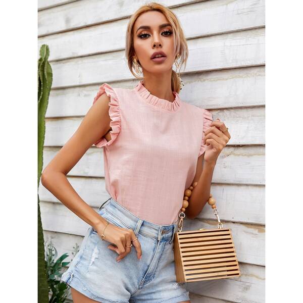 

Solid Frill Trim Mock Neck Blouse, Pink