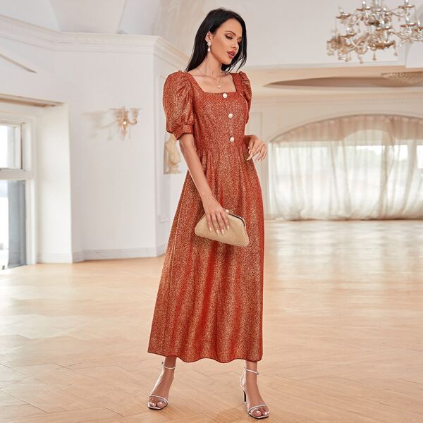 

Square Neck Puff Sleeve A-line Dress, Red