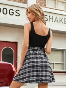 SHEIN Essnce 2 In 1 Plaid Belted Swing Dress - Black - View 2