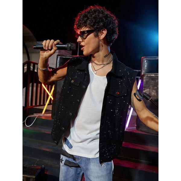 

Men Splatter Print Denim Vest Jacket, Black
