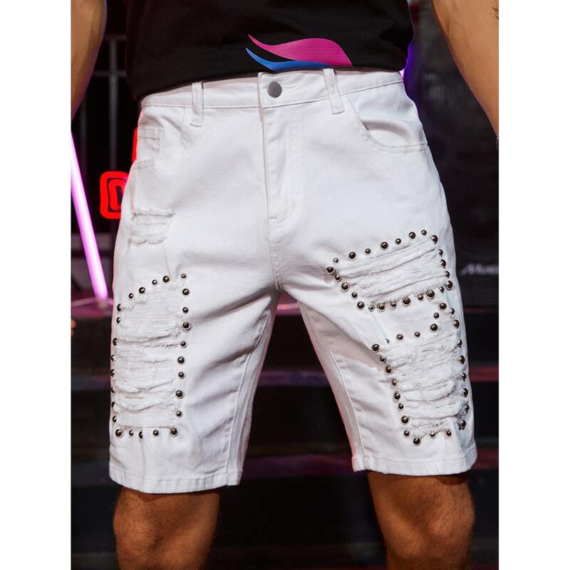 

Guys Studded Ripped Denim Shorts, White