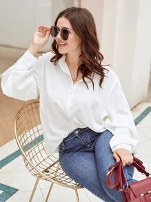 Calvaya Plus Bishop Sleeve Button Up Shirt - White - View 1