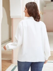 Calvaya Plus Bishop Sleeve Button Up Shirt - White - View 2