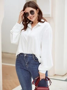 Calvaya Plus Bishop Sleeve Button Up Shirt - White - View 3