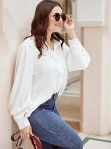 Calvaya Plus Bishop Sleeve Button Up Shirt - White - View 4