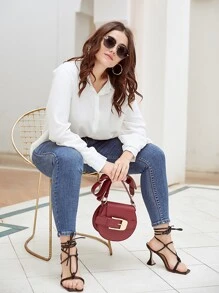 Calvaya Plus Bishop Sleeve Button Up Shirt - White - View 5