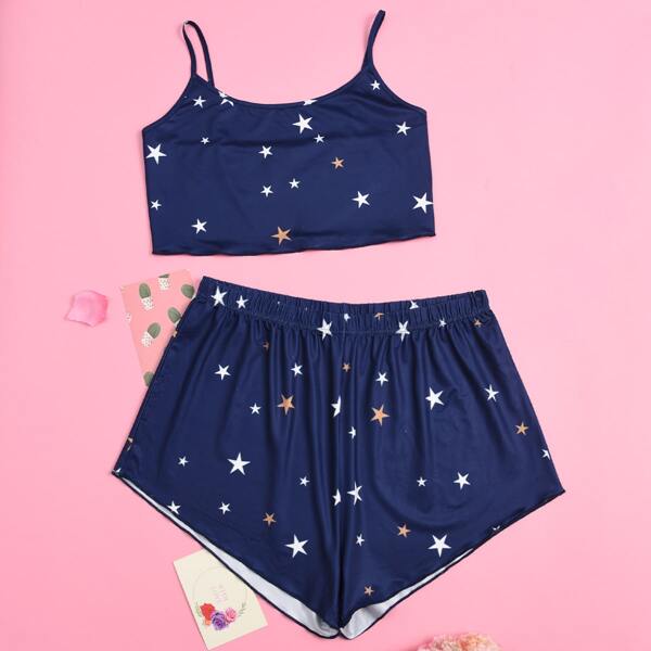 

Plus Allover Star Print Pajama Set, Navy blue