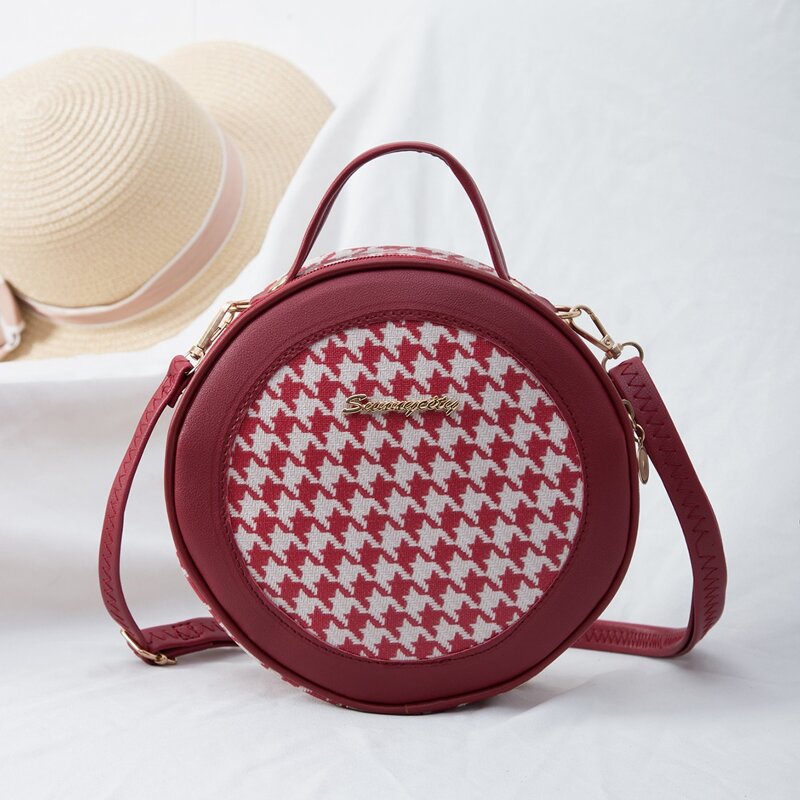 

Houndstooth Round Satchel Bag, Burgundy