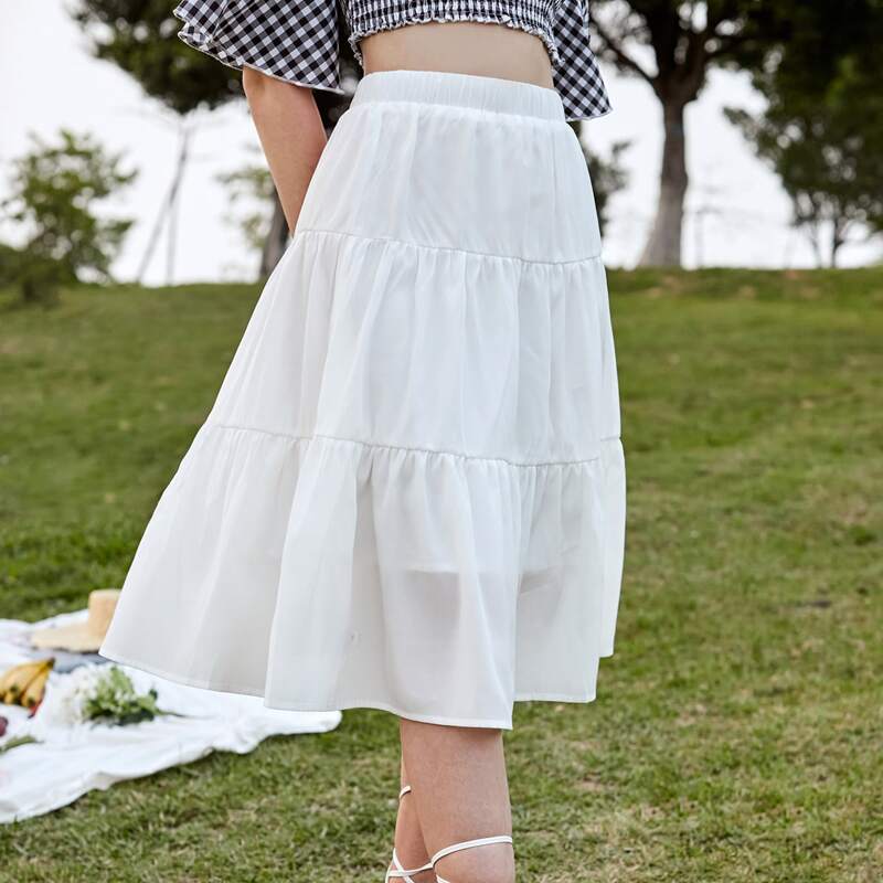 

Solid Ruffle Hem Skirt, White