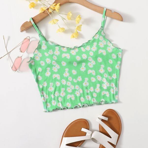 

Lettuce Trim Daisy Floral Crop Cami Top, Green