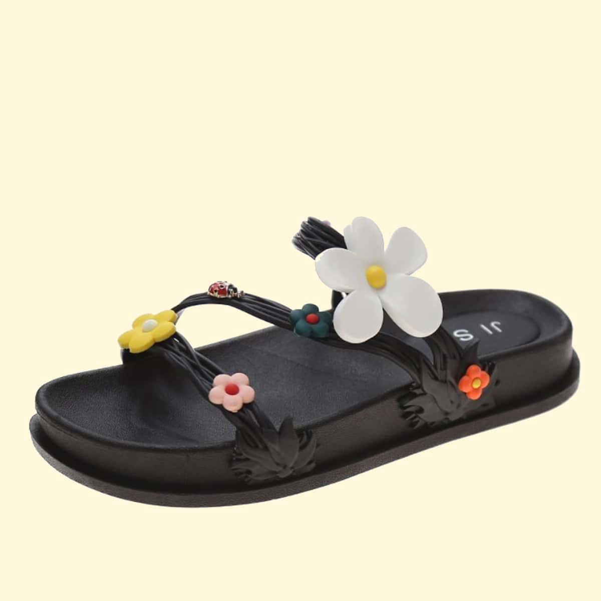 

Floral Applique Slide Sandals, Black