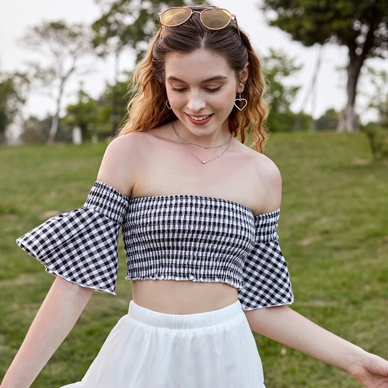 

Gingham Off the Shoulder Shirred Top, Black and white