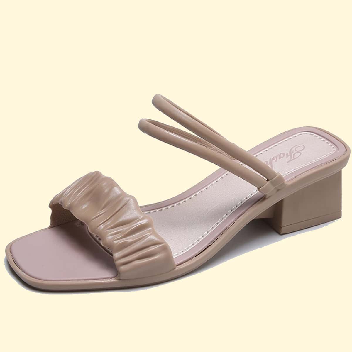 

Ruched Strap Chunky Heeled Mules, Apricot