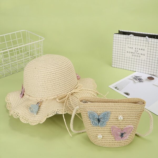

Girls Butterfly Appliques Straw Bag With Hat, Khaki