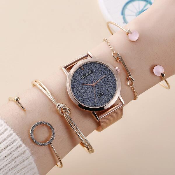 

1pc Mesh Strap Quartz Watch & 4pcs Bracelet