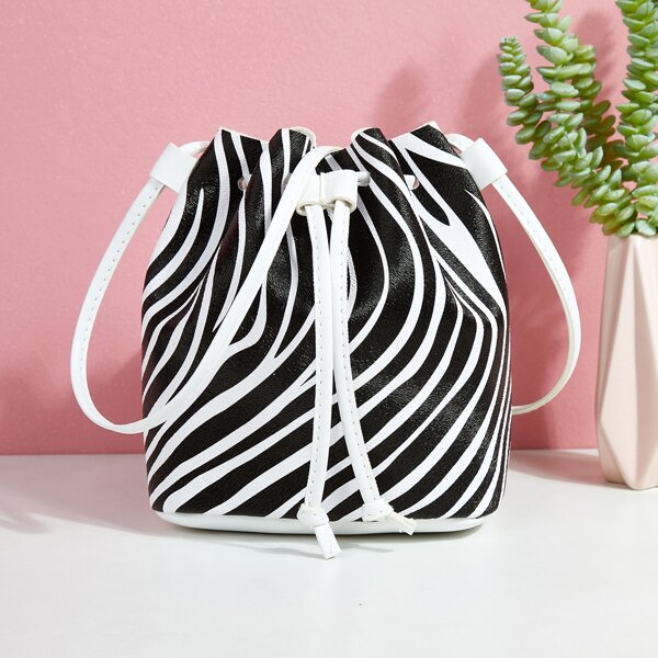

Zebra Striped Bucket Bag, Black and white