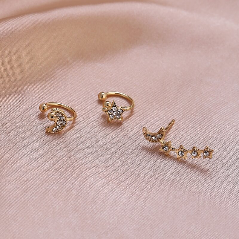 

3pcs Rhinestone Star & Moon Earring Set, Gold