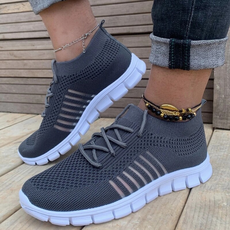 

Striped Lace-up Knit Sneakers, Grey