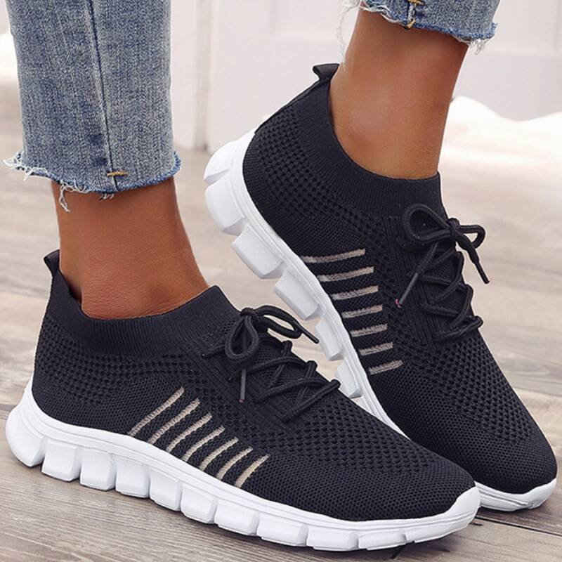 

Striped Lace-up Knit Sneakers, Black