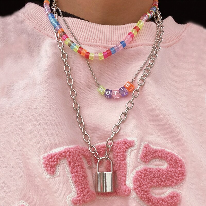 

Colorful Beaded & Lock Layered Necklace, Silver