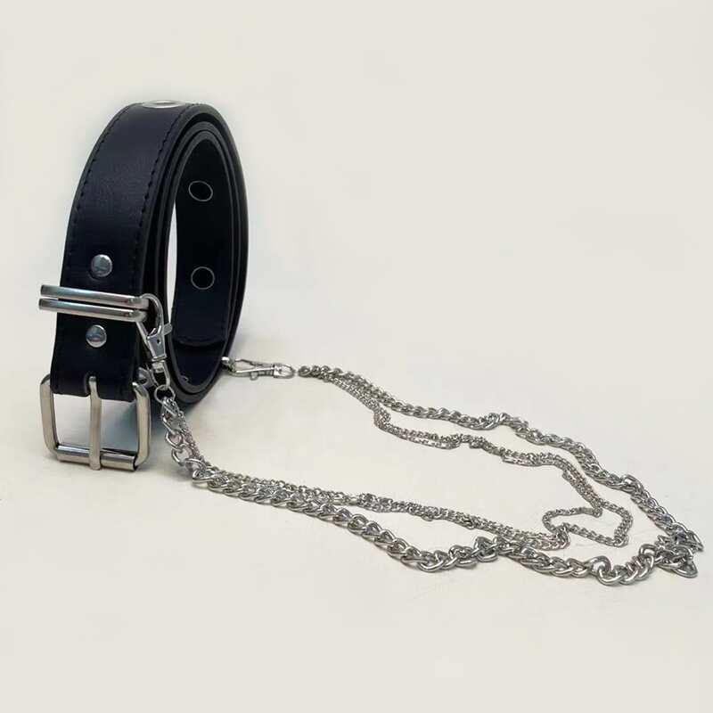 

Chain & Eyelet Decor PU Leather Belt, Black