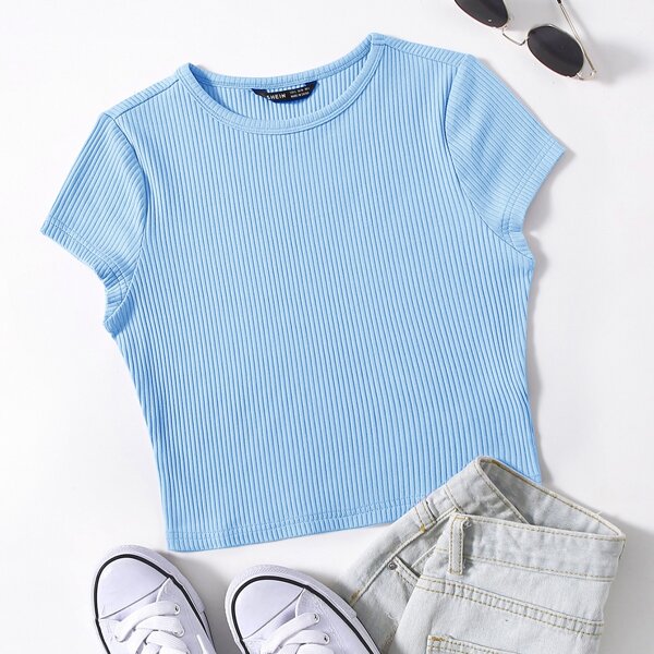 

Rib-knit Solid Tee, Baby blue